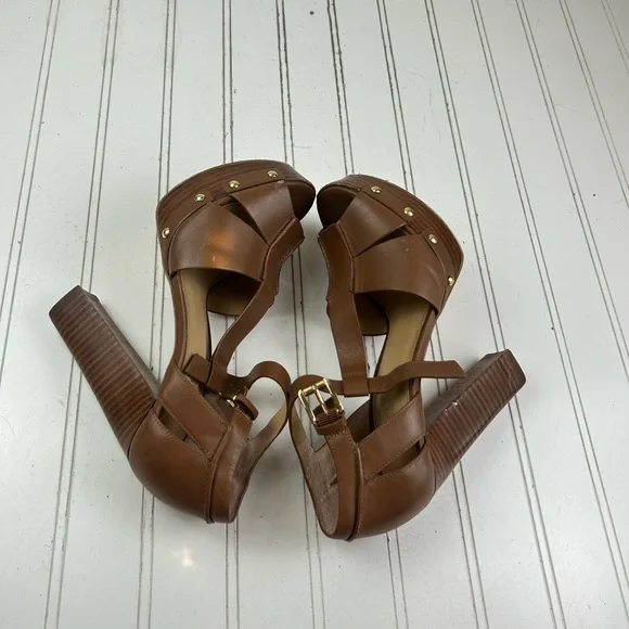Michael Kors Brown Leather Platform T Strap Chunky Block Heels Women’s Size 7M - Picture 7 of 11